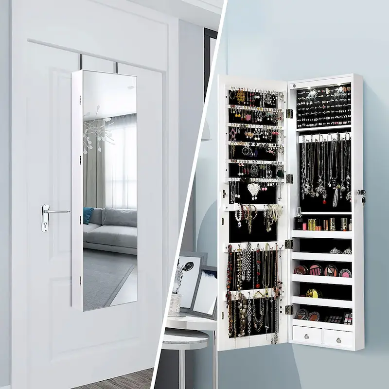 Mirrored Wall & Door Mounted Jewelry Cabinet �C White / Brown / Green / Pink / Black