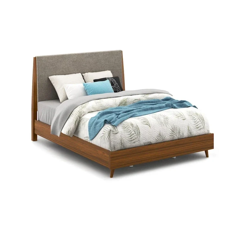 Walnut & Silt Upholstered Queen Bed, Mid-Century Style, Fits 2
