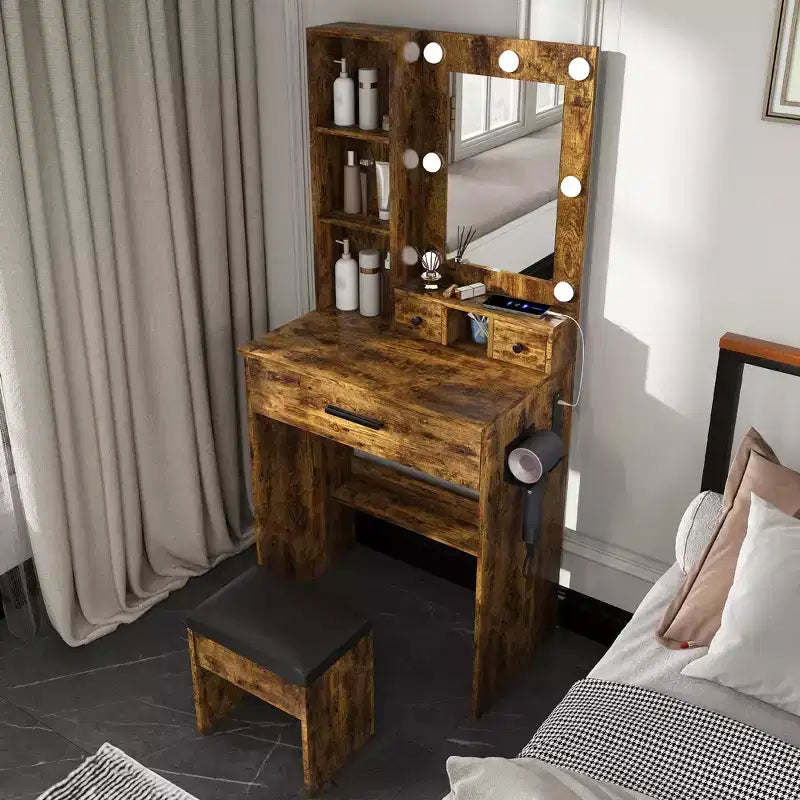 Vanity Table with Mirror & Adjustable LED Lights, Power Outlet, Hairdryer Holder & Stool  Compact Dressing Desk for Small Bedrooms(Vintage)