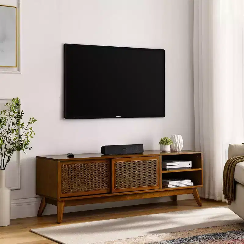 Modern Rattan TV Stand For TV Up To 65 Inch Entertainment Center Media Console Cabinet With Sliding Door,abstract,Light Wood,59in,4.92ft