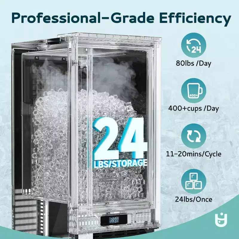 EUHOMY 80 lbs/Day Ice Maker Built-In, Household & Commercial Dual-Use, Under Counter/Freestanding, Drain Pump, Stainless Steel, 24lbs Storage, Black