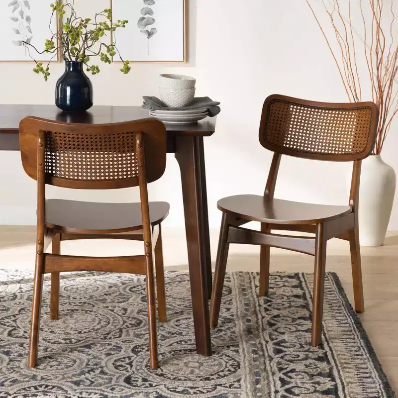 Baxton Studio 2pc Tafari Wood and Rattan Dining Chair Set Walnut Brown/Light Brown: Rubberwood Frame, MDF, Spot Clean