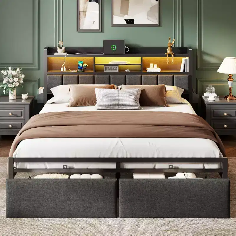Upholstered King Size Bed Frame with Storage Drawers LED Lights Charging Station Shelf Headboard Heavy Duty Metal Platform Bed Noise Free