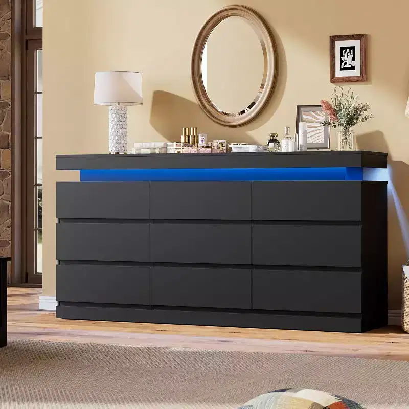 9-Drawer, 63 Wide LED & USB Dresser - Multi-Use Organizer & TV Stand for Bedroom & Living Areas, White