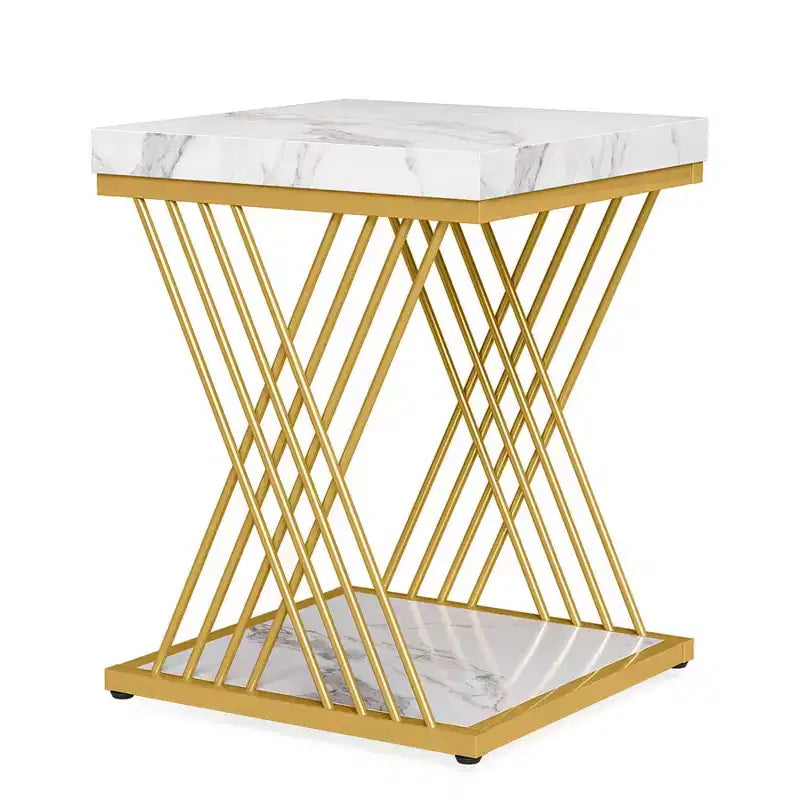 2-Tier Square End Table / Side Table �C Marble Veneer, Cross-Bar Design