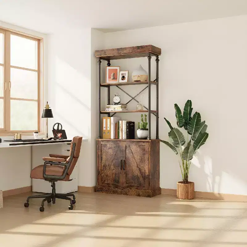 Farmhouse Bookcase with Doors, 74 Wood Bookshelf with Storage Cabinet, Vintage Open Shelf Design for Living Room, Home Office, Bedroom, Library