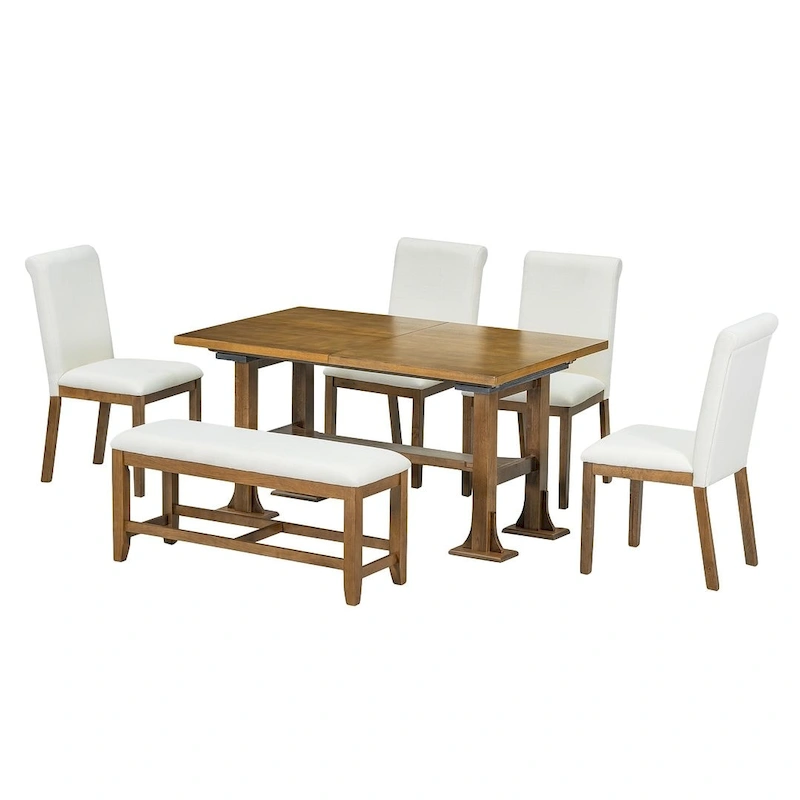 Farmhouse 6 PCS Extending Dining Table Set for 6 with Shelf Base