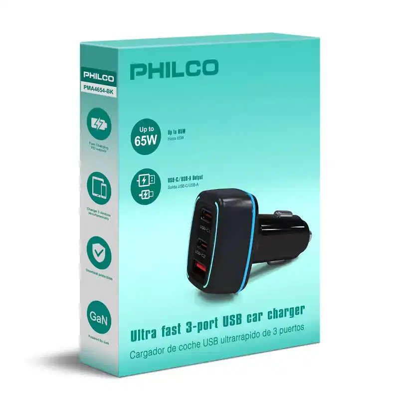 PHILCO 45W 2 USB-C + 1 USB-A Car Charger PD, Compact 12V/24V Vehicle Charger