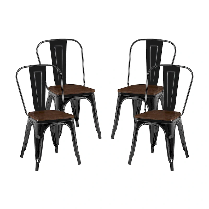 Wooden Seat Industrial Metal Stackable Dining Chair Set