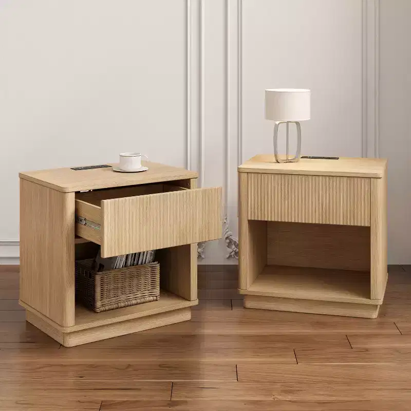 Nightstand with Outlet & USB Port, Modern Bedside Table with Charging Station and Storage Drawer, Modern Design for Small Spaces,Natural Color