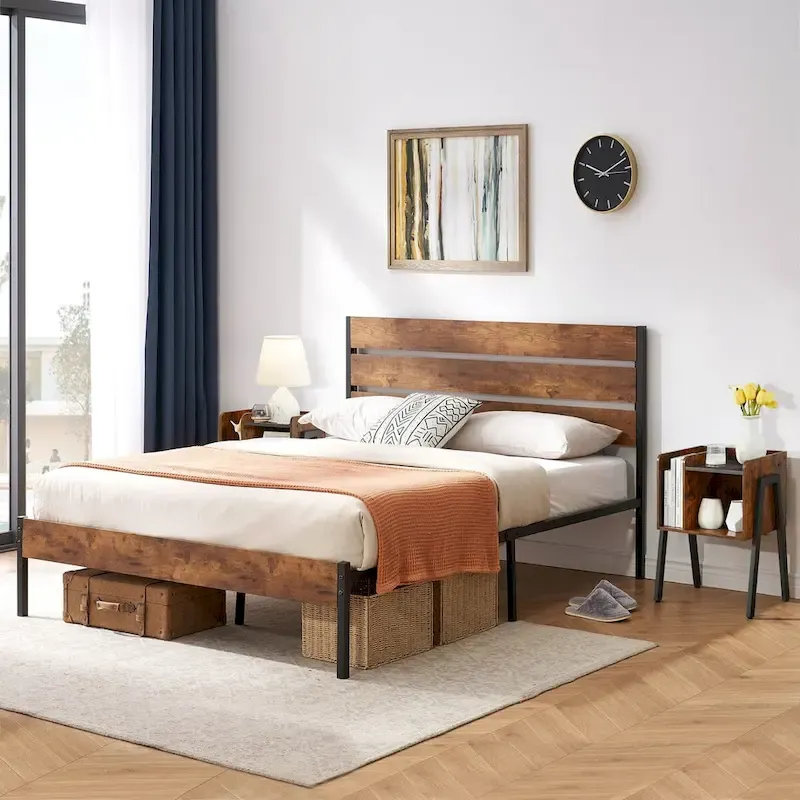 Javlergo 3-Piece Bedroom Sets Industrial metal Platform Bed Frame with Headboard and Set of 2 Nightstand, Rustic Brown