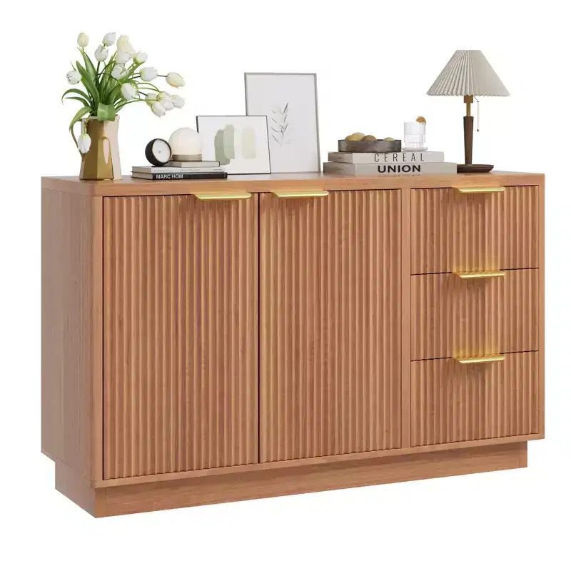 47.2 Sideboard Buffet Cabinet, with 2 Doors, 3 Drawers & Gold Handles for Dining Room, Natural Wood