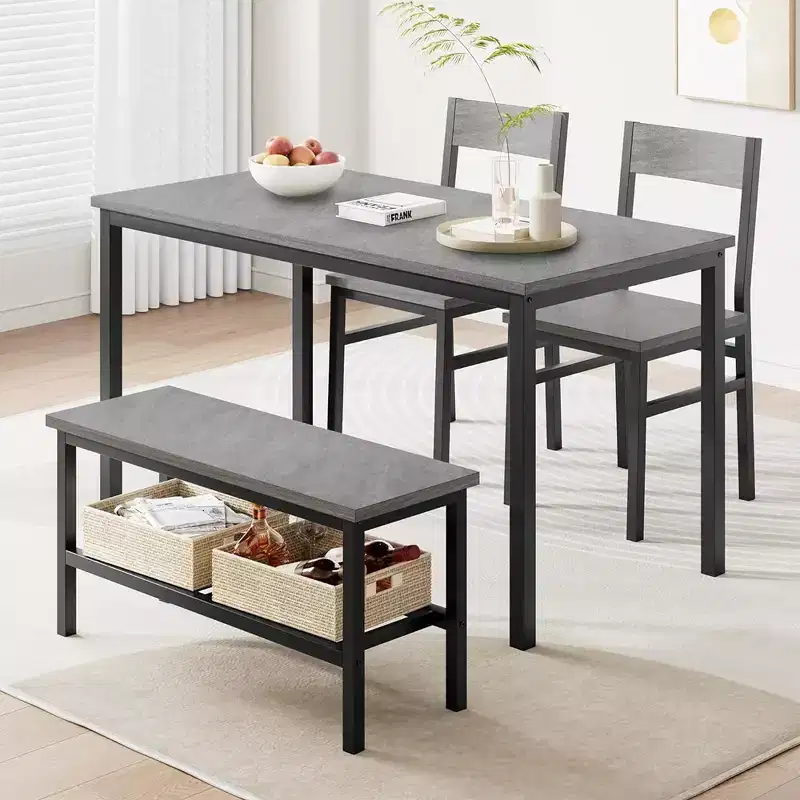 Garvee Table Set for 4, Kitchen Table with 2 Chairs and a Bench, 4-Person Dining Room Table Set for Apartment, Kitchen, Small Space, Gray
