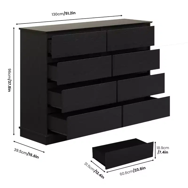 8-Drawer Horizontal Dresser �C 130 cm Wide, Scratch-Resistant MDF, Faux Linen Drawers