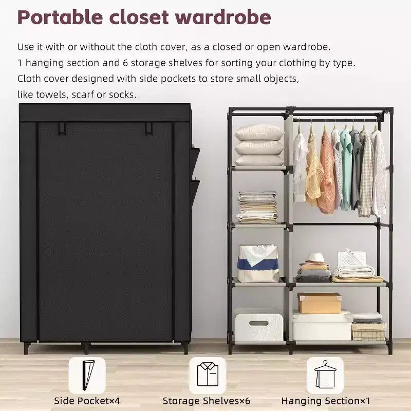 NAYSAYE Portable Closet Organizer and Wardrobe with 6 Shelves and Hanging Rod Non Woven Fabric Cover with 4 Side Pockets, 40*18*64.5