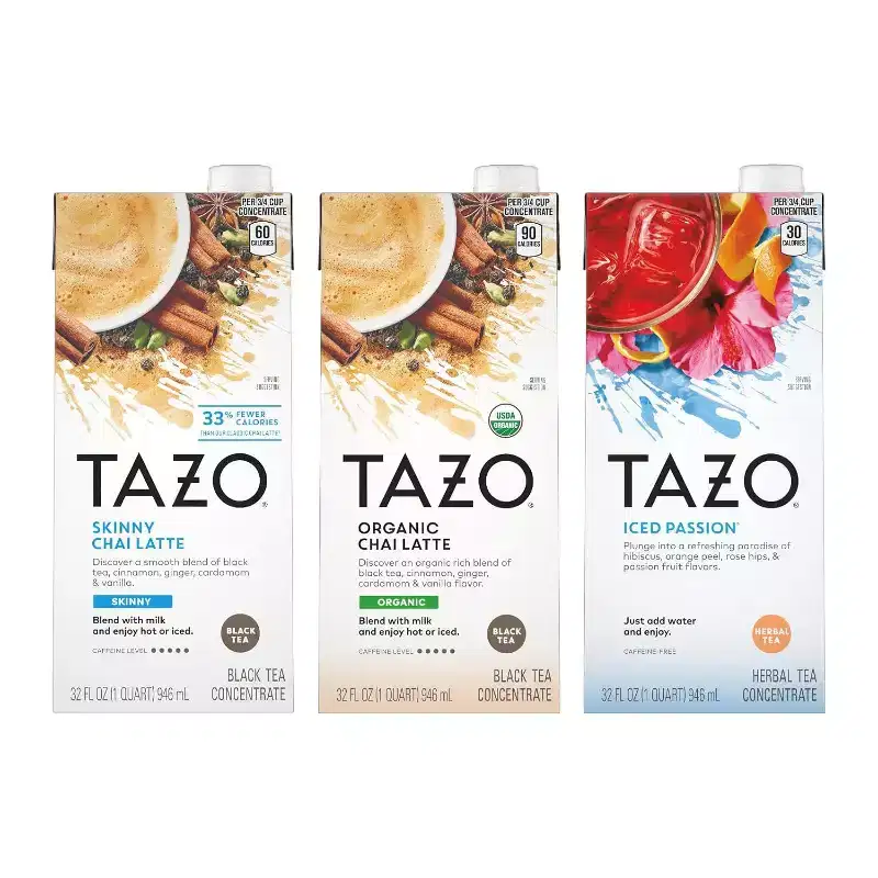 TAZO Tea Concentrate: Organic Chai Latte Black Tea, Iced Passion Herbal Tea, & Skinny Chai Latte Black Tea, 32 fl oz (1ea)