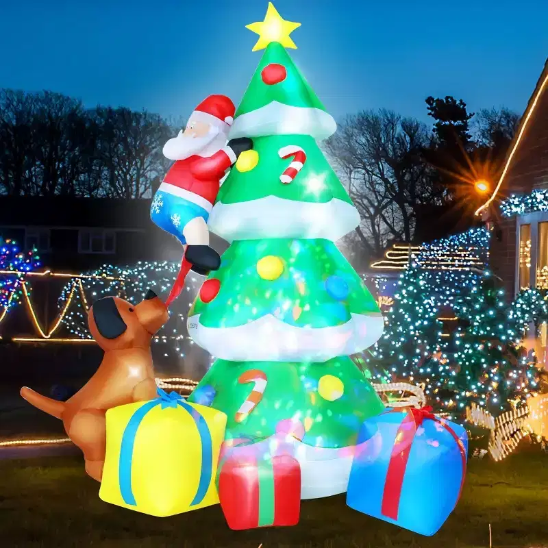 HOMDOX 5  4.6  7.7 FT Inflatable Christmas Tree Outdoor Decorations, Santa Climbing Tree Chased by Dog Built-in LED Lights with Gift Boxes Clearance