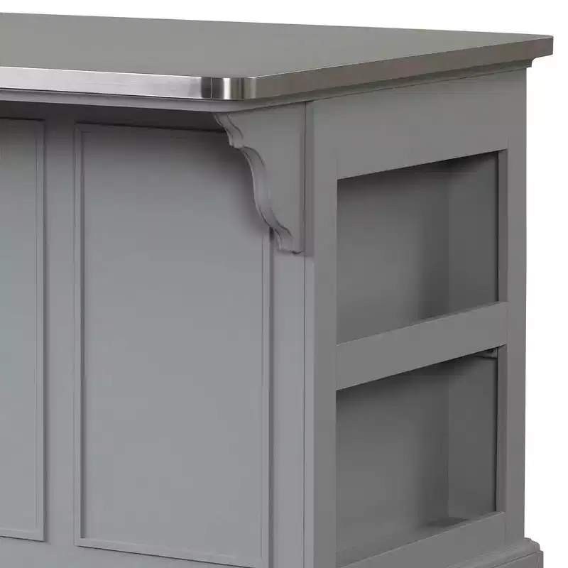 Urrur Kitchen Island | Gray Finish | Stainless Steel Countertop | 4 Shelves & 2 Doors