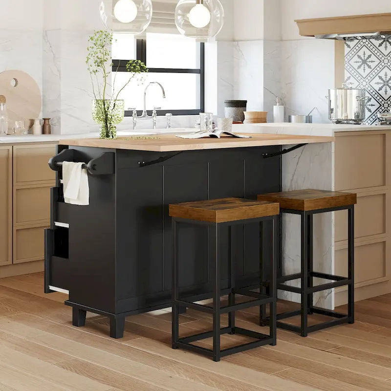 TOPMAX Kitchen Island Set with Drop Leaf and 2 Seatings, Dining Table Set with Adjustable Shelf, Drawers and Towel Rack