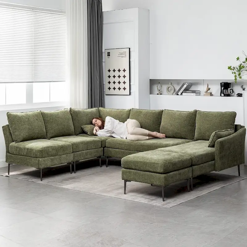 EROMMY U Shaped 6-seat Sectional Sofa Couch, Reversible Sleeper in Modern Chenille Design, with Chaise Lounge and Ottoman