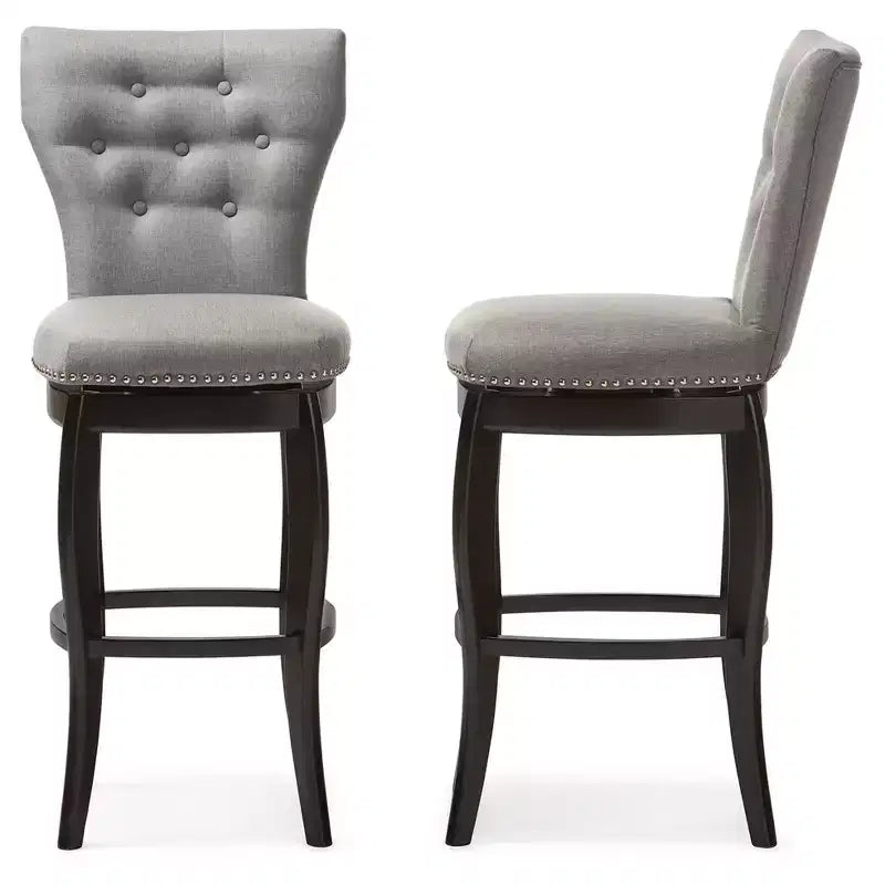 29" Fabric Upholstered Button Tufted Swivel Barstool Gray: Rubberwood Frame, Polyester Upholstery