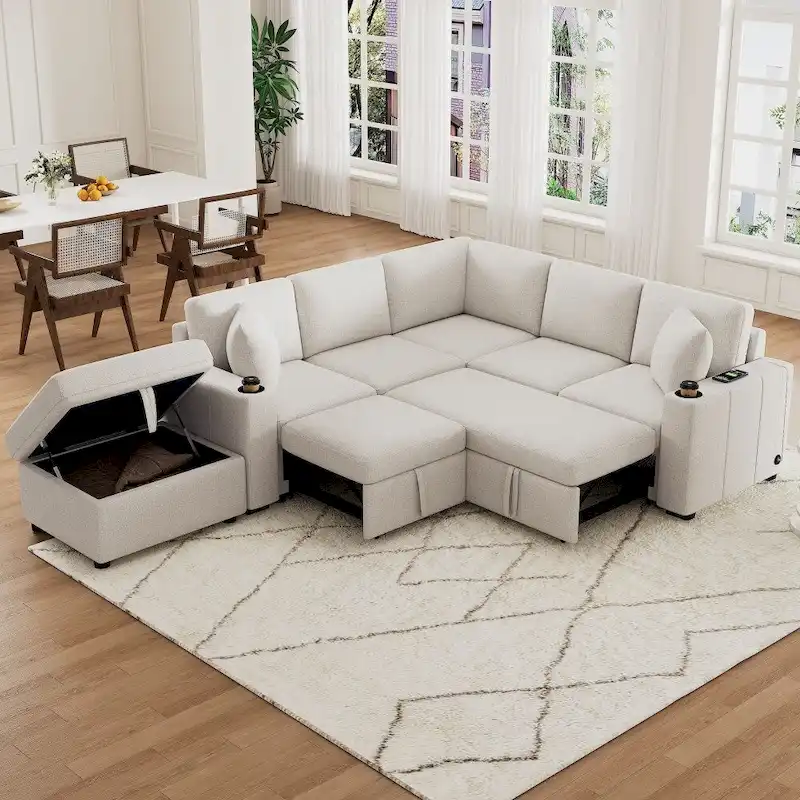 Beige/Grey L-Shaped Sectional Sofa with Pull-Out Bed & Storage Ottoman