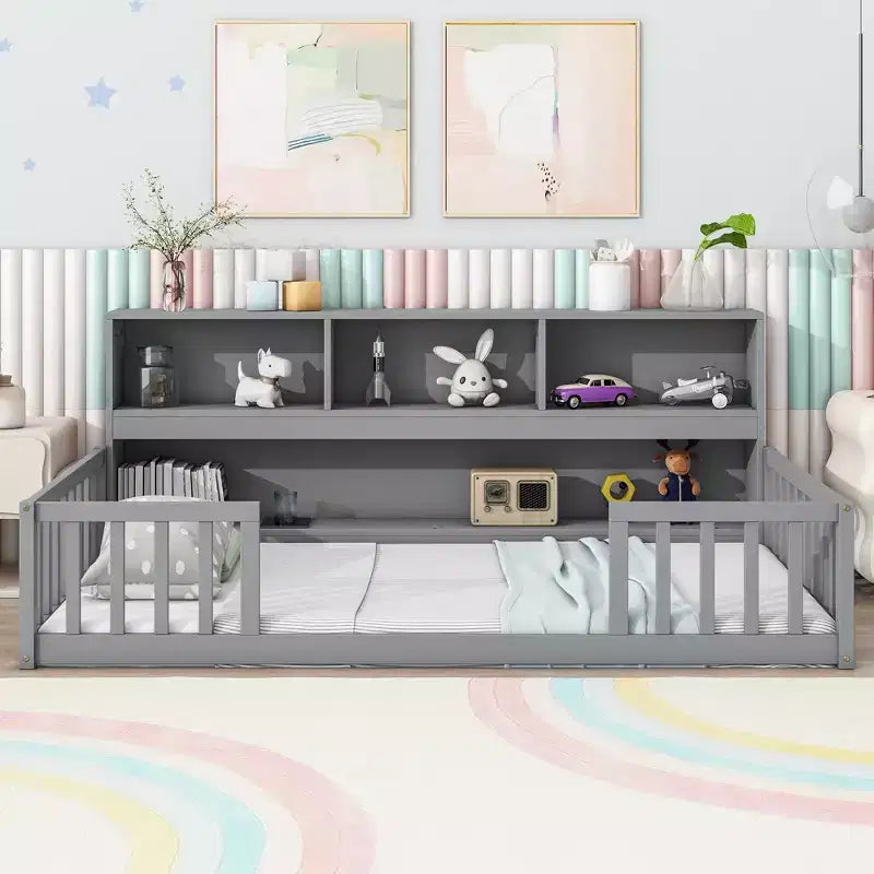 Twin Floor Bed with Bookcase, Shelves, and Guardrails - Gray