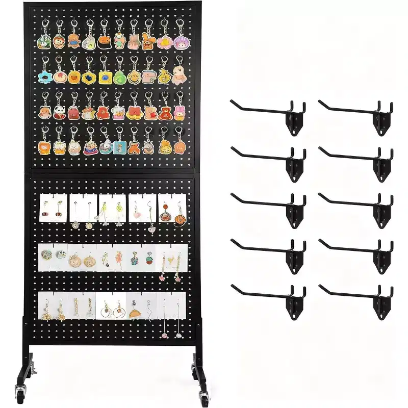 Acekool 2'x5' Pegboard Display Stand with Wheels, Metal Peg Board Display Rack with T-Base and Hooks for Craft Fair, Retail and Home Organizer