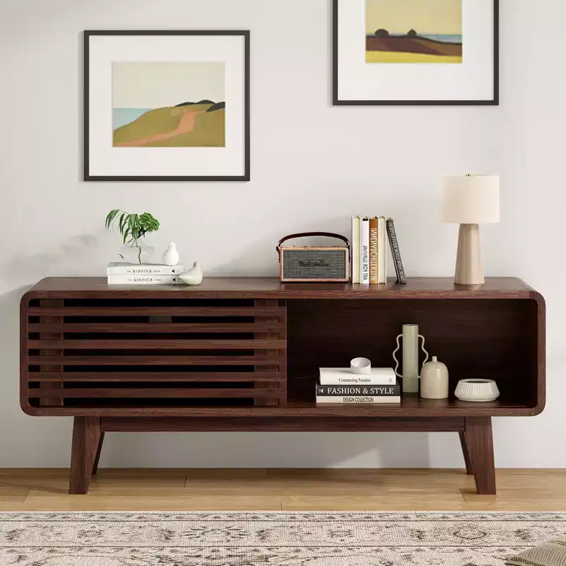 JVNOXK TV Stand for TV Up to 59 Inch, Entertainment Center with Storage Cabinet and Sliding Door, Mid-Modern Century Console Table for Living Room