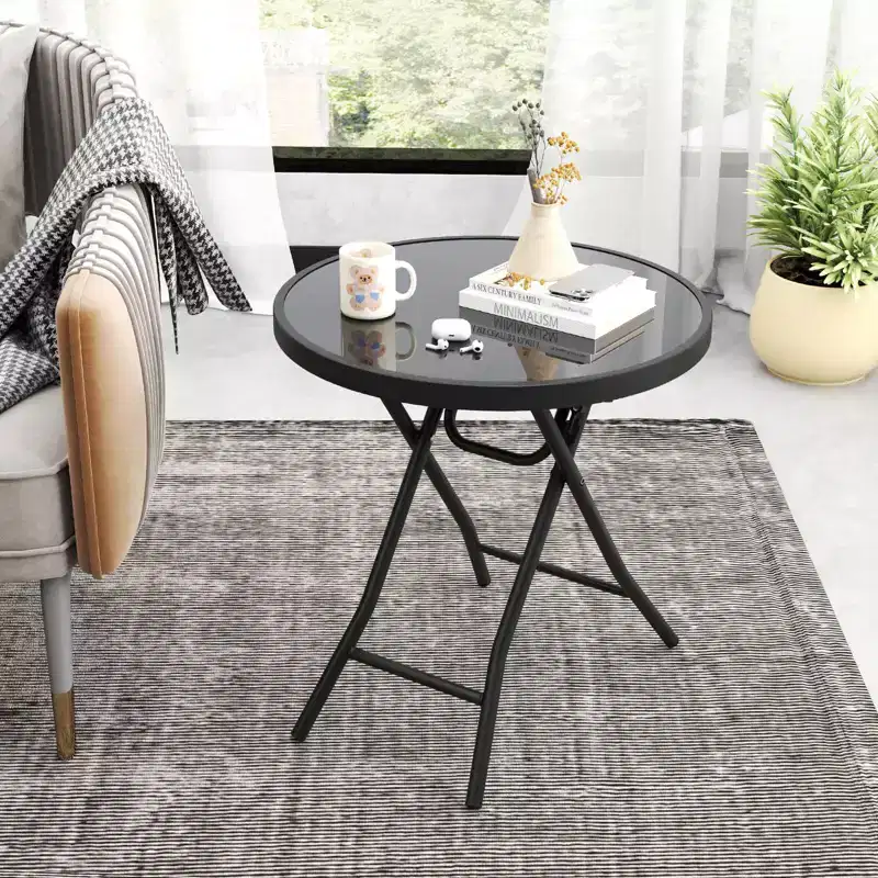 Costway 18 Folding Side Table Round Compact Coffee Table with Tempered Glass Tabletop Black/Gray