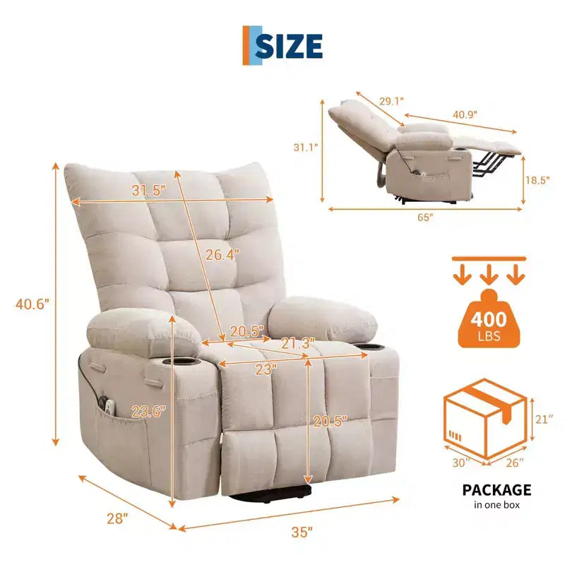 Power Lift Recliner Chair for Elderly with Massage and Heat, Oversized Massage & Heat Recliner with Soft Padded Upholstery, Side Pocket & Cup Holders