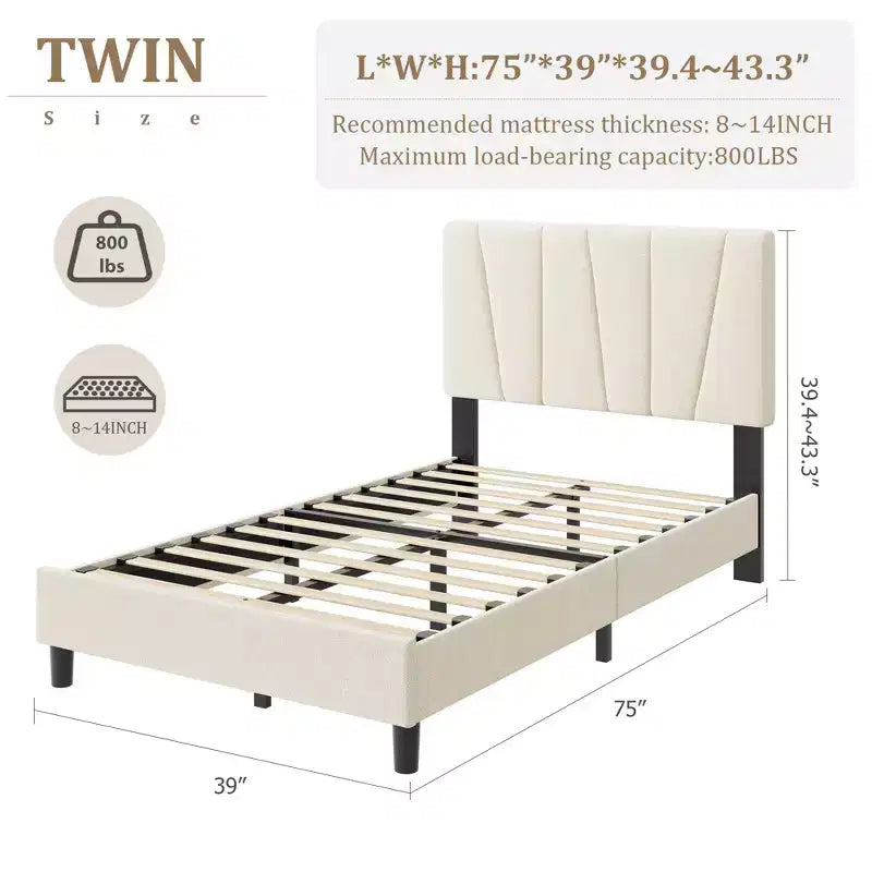 Twin Size Platform Bed Frame with Adjustable Headboard, Linen Upholstered Frame with Wooden Slats - No Box Spring Needed, Easy Assembly
