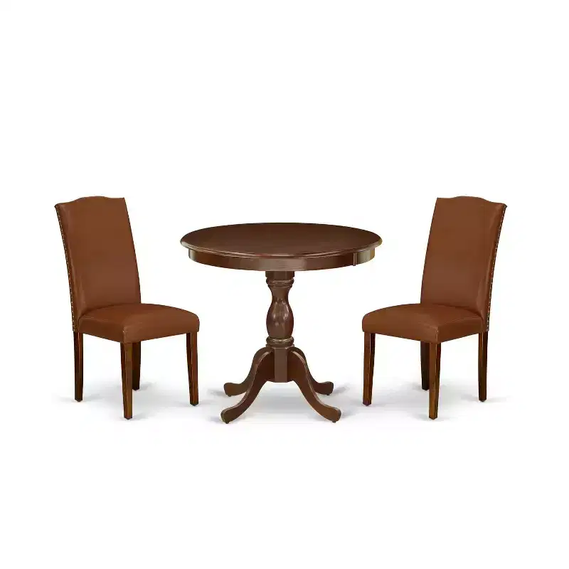 3-Piece Mahogany Finish Solid Wood Top Upholstered Dining Room Set with High Back (Seats-4)