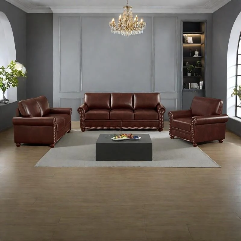 3-pieces Mid-Century Modern Faux Leather Sofa Set with Storage, 1+2+3 Seater