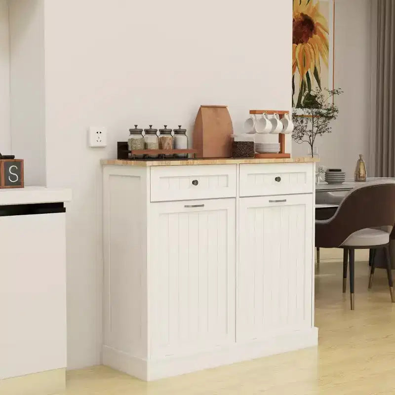Freestanding Tilt Out Trash Cabinet20-Gallon Kitchen Garbage and Recycling Bin Holder with 2 Hideaway Drawers, Pet-Proof, for Kitchen or Living Room