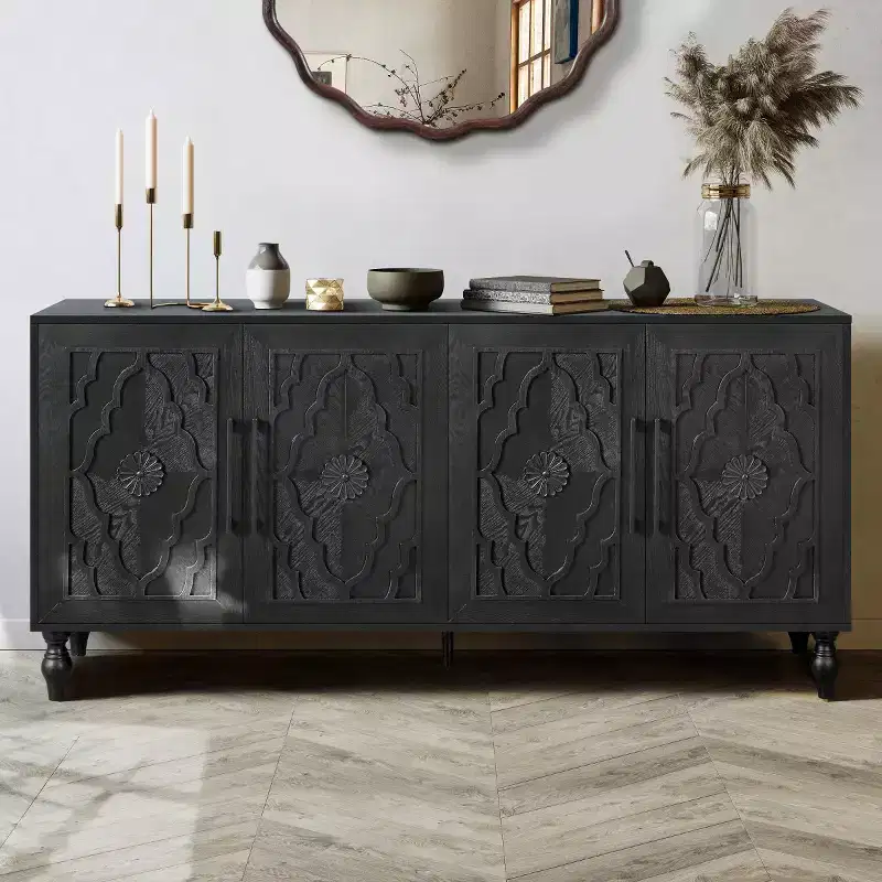 Kitchen Cabinet with 4 Carved Flower Doors, Decorative Sideboard Buffet Storage Cabinet for Dining Room, Living Room - Panipeachy