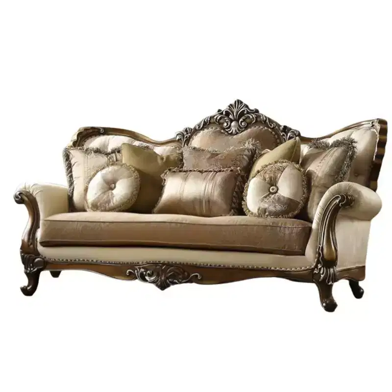 Acme Furniture 88 Latisha Fabric Pattern Sofa Tan/Antique Oak: Includes 4 Pillows, Nailhead Trim, Wood Frame