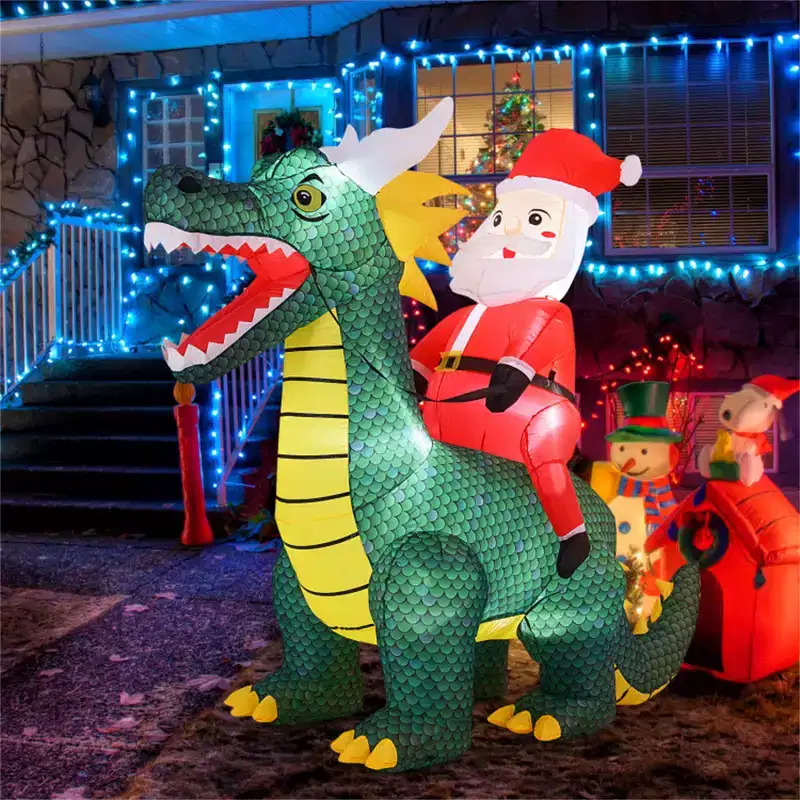 6.7ft Inflatable Santa Riding Dinosaur - 5 Bright LED Lights 210T Polyester Outdoor Xmas Decor