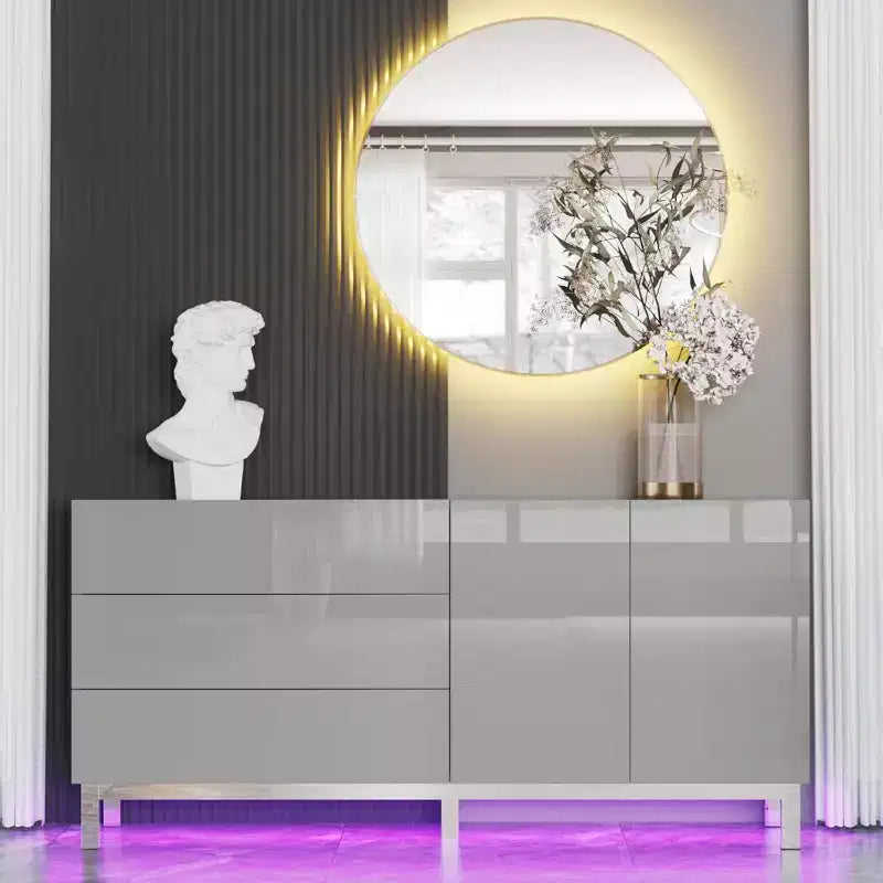 High Gloss Electroplated Sideboard Buffet with LED Lights, 63"