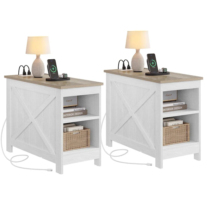 Set of 2 End Tables with Charging Station, 2 Power Outlets & 2 USB Ports