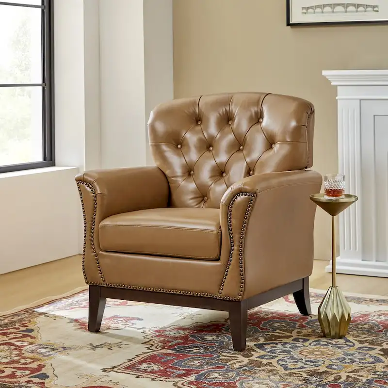 Burt Traditional Genuine Leather Accent Chair with Tufted Wing Back by HULALA HOME