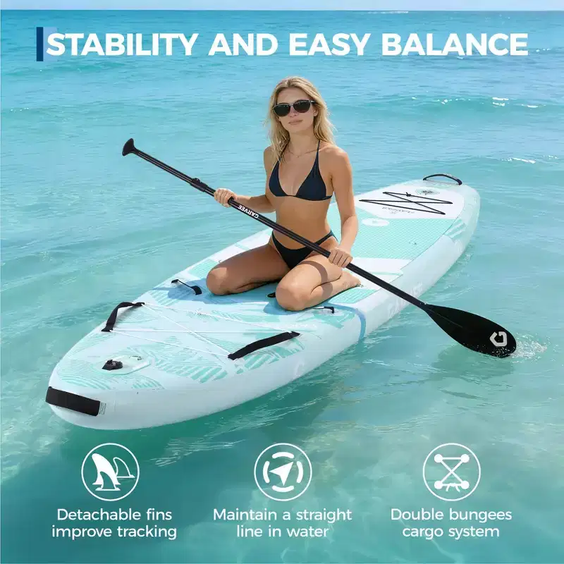 Inflatable Upright Paddle Board, Wide & Stable Military Grade SUP, Lightweight, Beginner Friendly, Large Deck with Camera Mount, Blue Green Palm Leaf