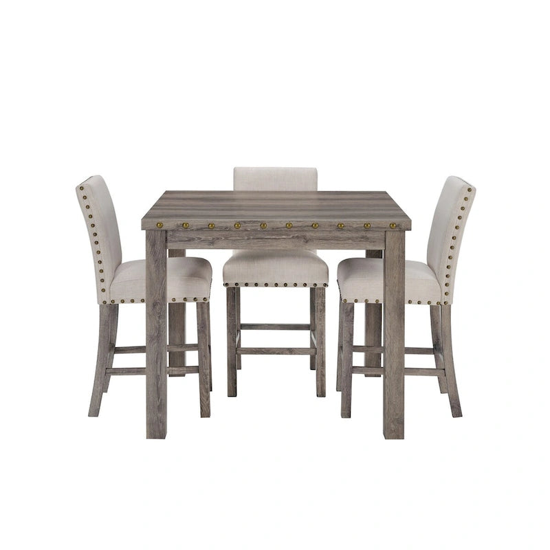 Morden Fort Farmhouse Style 5-piece Square Bar Table Set, 4 Upholstered Counter Stools with Bar Table Dining Set