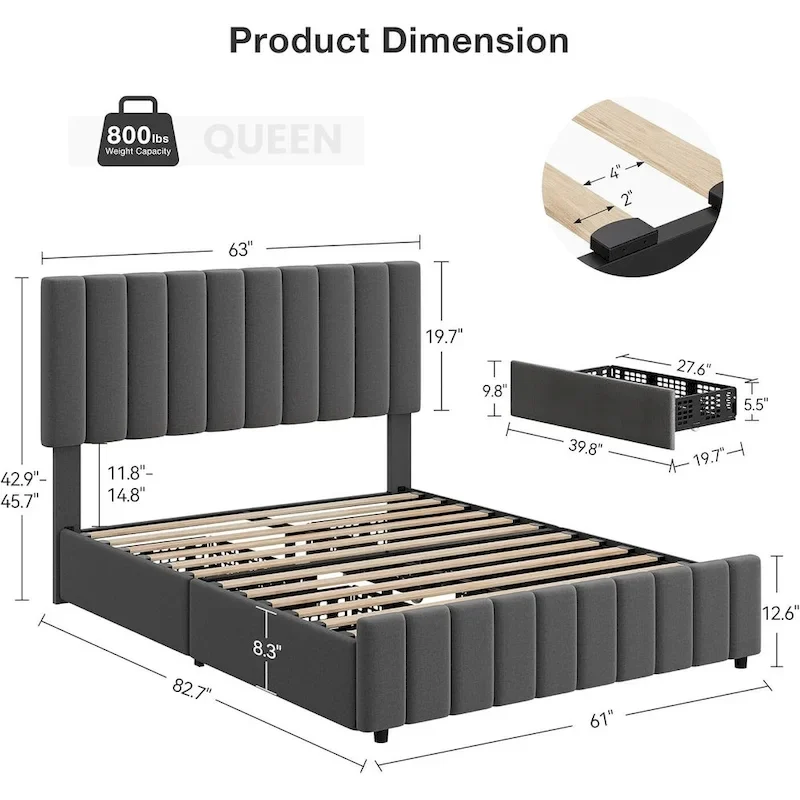 Queen Bed Frame with 4 Storage Drawers and Adjustable Headboard