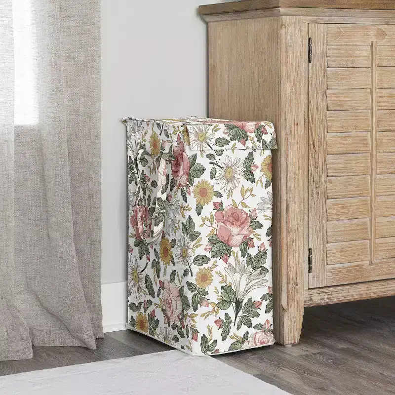 Sweet Jojo Designs Girl Foldable Laundry Hamper with Handles Vintage Floral Pink Green and Yellow