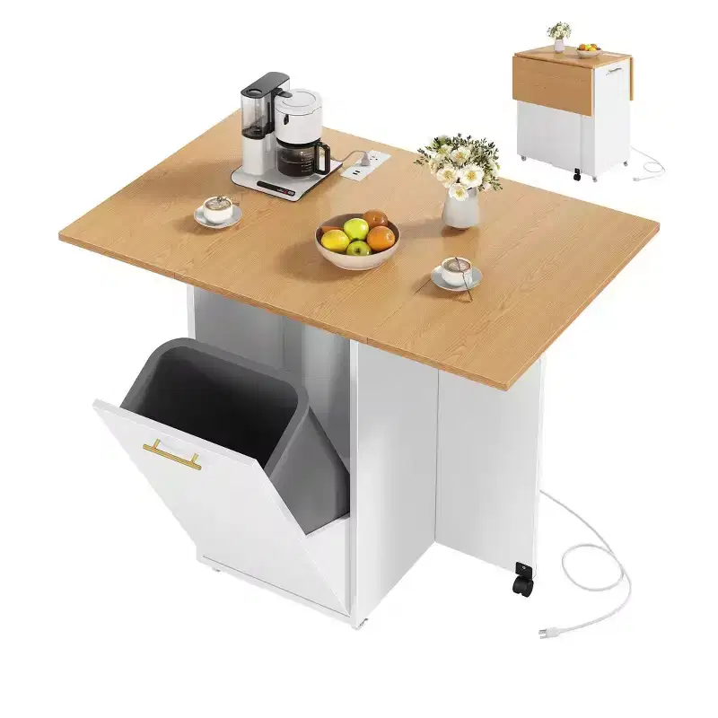 Rolling Kitchen Island Cart With Power Outlets & Folding Drop Leaf Breakfast Bar Portable Trolley Island With Large Storage Cabinet & Trash Can
