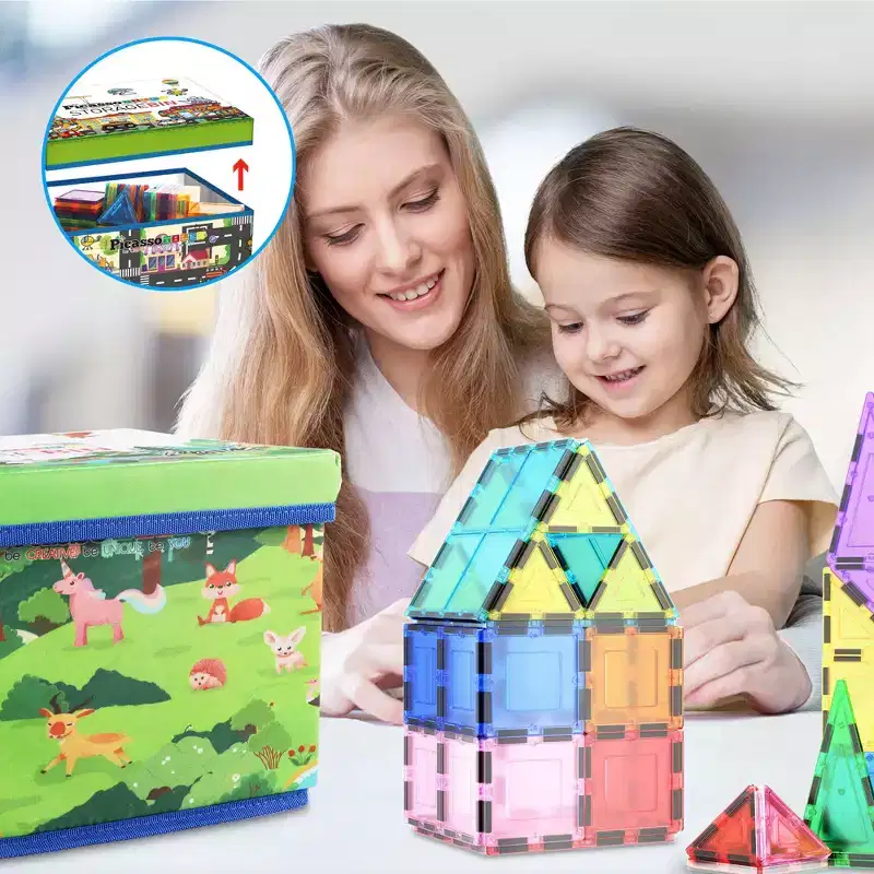 PICASSO-TILES Foldable Toy Storage Chest, Forest Animal Magnetic Tile Organizer Bin with Lid & Handles, STEM Educational Playroom Toy for Kids