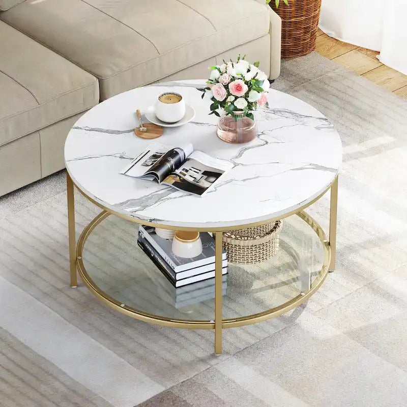 White Marble Pattern Round Coffee Table with Glass 2-Tier Circle Gold Frame