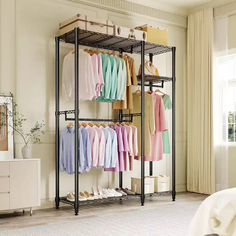 Clothes Rack Closet Organizer with Hanging Rods and Storage Shelves, Freestanding Metal Wardrobe Rack for Bedroom or Laundry Room