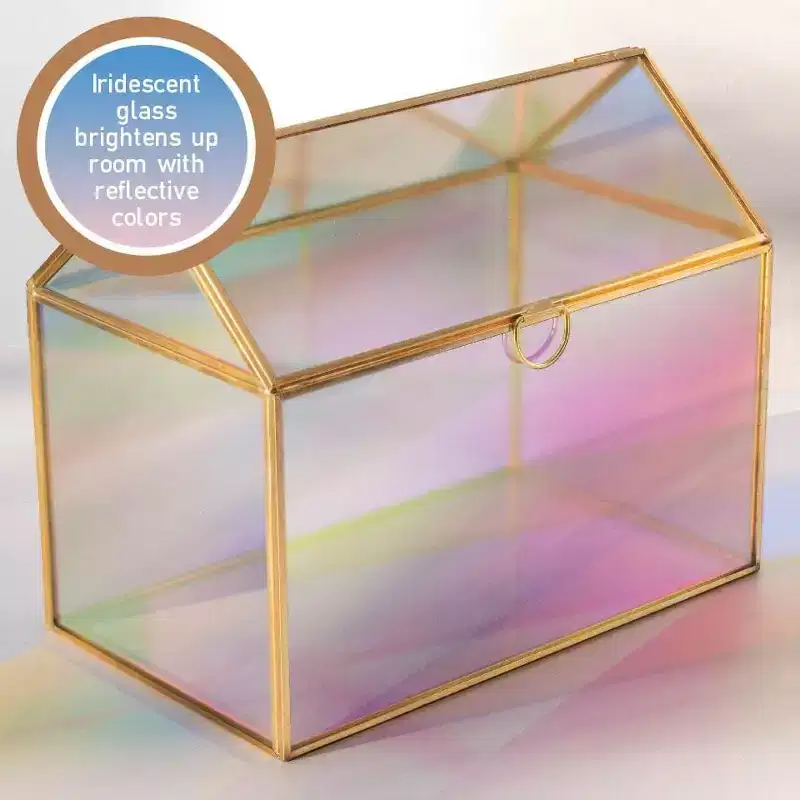 D'Eco Iridescent Glass House Planter Terrarium (10x6x8)- Tabletop Gold Geometric Terrarium - Home, Garden, Office Decor - Gift for Plant Lovers